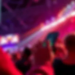 A person checking their phone during a virtual concert, with graphics showing Atlas Bucks and challenge points around them.