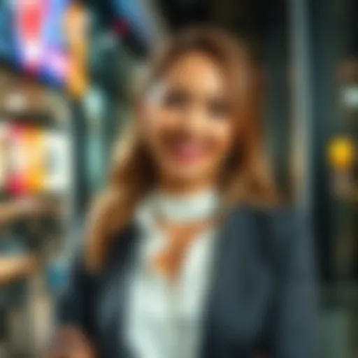 A woman dressed stylishly, smiling confidently in a well-lit setting, showcasing her charm and self-assurance.
