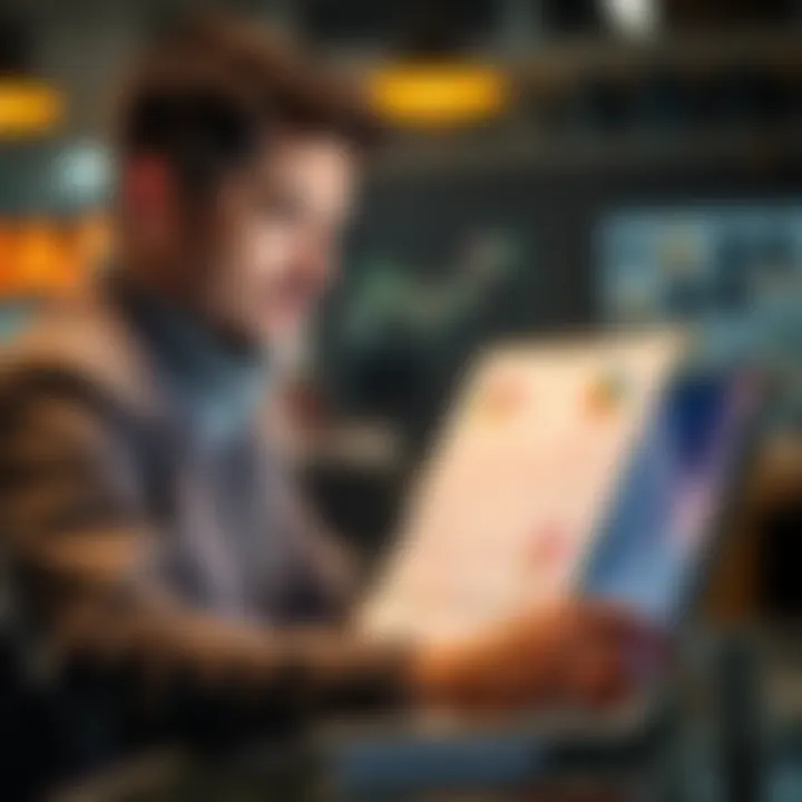 A person looking at graphs and charts on a laptop, analyzing market trends with a confident expression