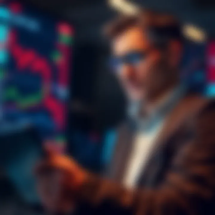 A calm investor reviews stock charts and market data, showing emotional resilience during market downturns.