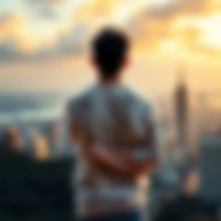 Individual standing with arms crossed, looking at a distant city skyline representing ambition and financial goals