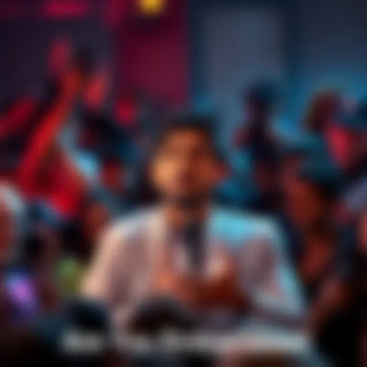 A person confidently addressing a crowd, sparking reactions and discussions around them.