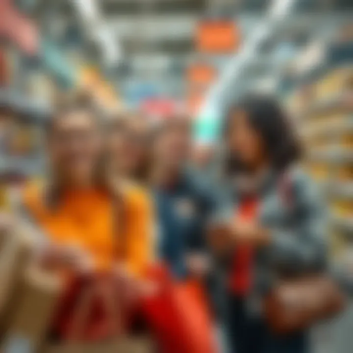 A group of people happily shopping with clear price tags, showing confidence in their choices as they examine products.