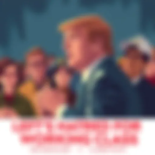 Illustration of a group of working-class individuals looking skeptically at a politician speaking. The setting highlights a contrast between the two groups.