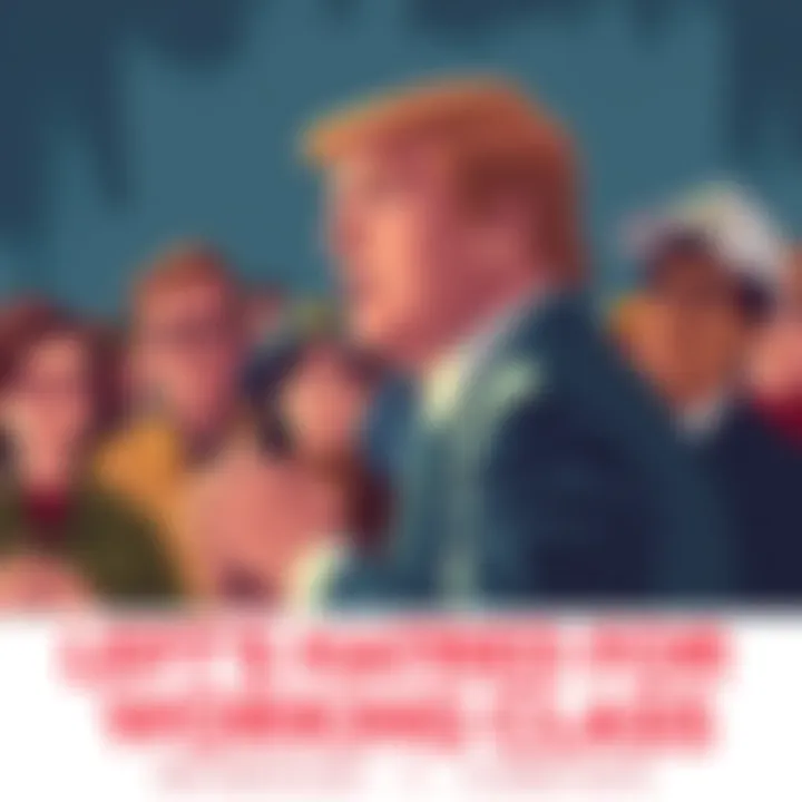 Illustration of a group of working-class individuals looking skeptically at a politician speaking. The setting highlights a contrast between the two groups.