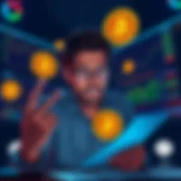 A person analyzing charts with confused expressions as news headlines about Bitcoin predictions surround them.