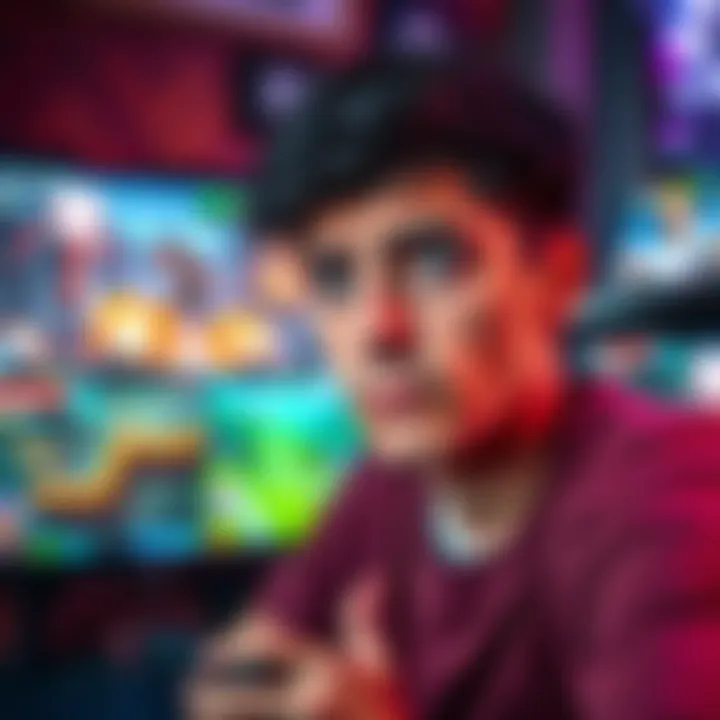 A gamer with a puzzled expression looking at multiple game screens showing different mechanics and storylines.