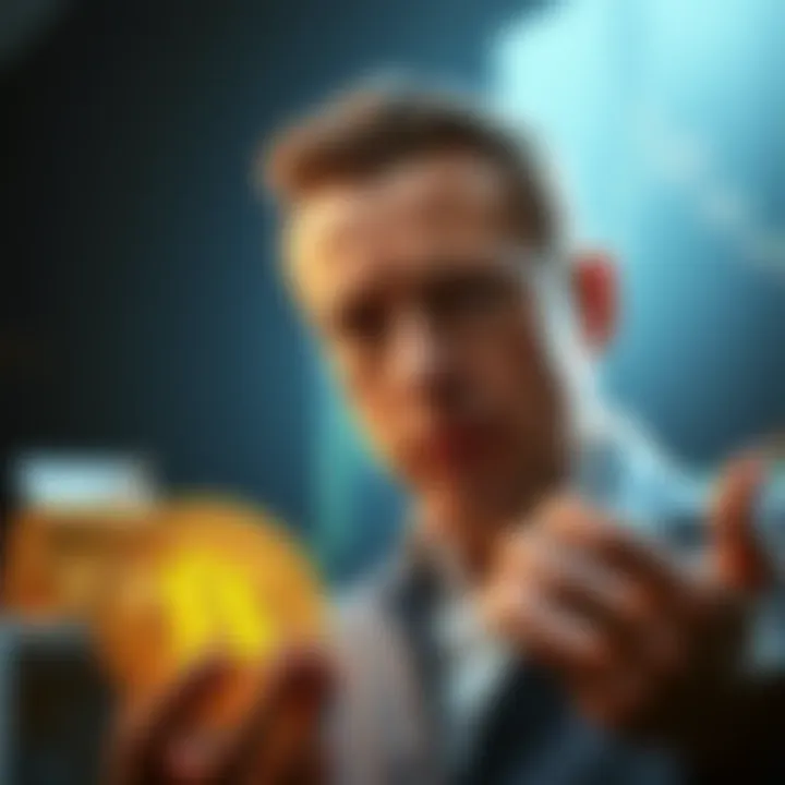 Confused investor looking at gold and Bitcoin A gold investor holding a gold coin and staring at a Bitcoin symbol with a puzzled expression