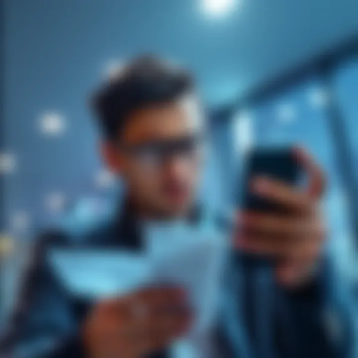 Confused investor looking at Kraken Pro app Person frustrated while checking low earnings on Kraken Pro's Earn feature with a smartphone and financial documents