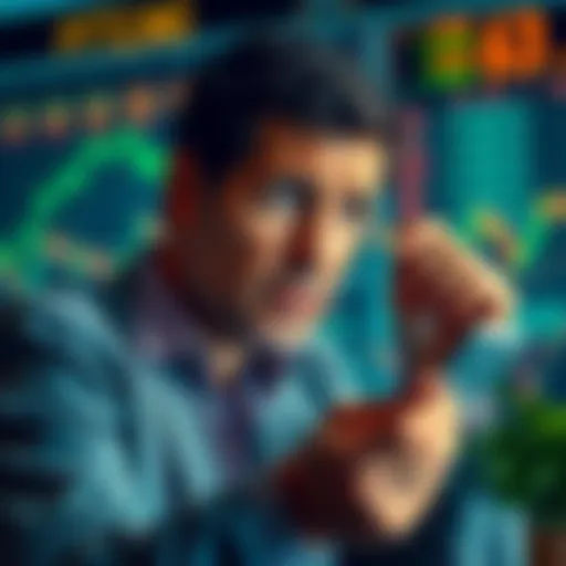 A worried investor analyzing market charts and trends, with a perplexed expression, highlighting uncertainty in investment timing.