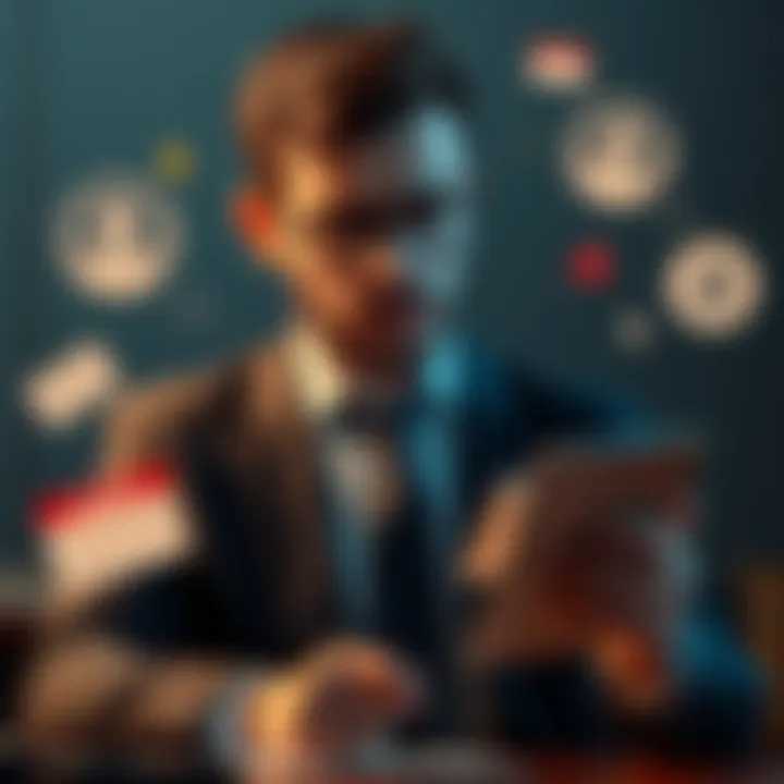 A lawyer looks puzzled while checking professional emails, surrounded by icons of cryptocurrency and scam alerts, symbolizing the confusion in communication caused by crypto discussions.