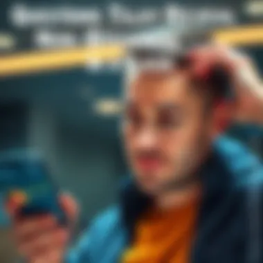 A man scratching his head with a puzzled expression while holding a smartphone showing cryptocurrency charts