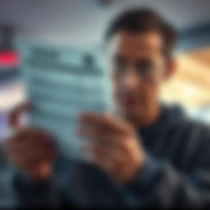 A person appears confused while examining a bank statement showing an unexpected charge related to cryptocurrency. They seem puzzled and concerned about the charge despite never buying crypto.