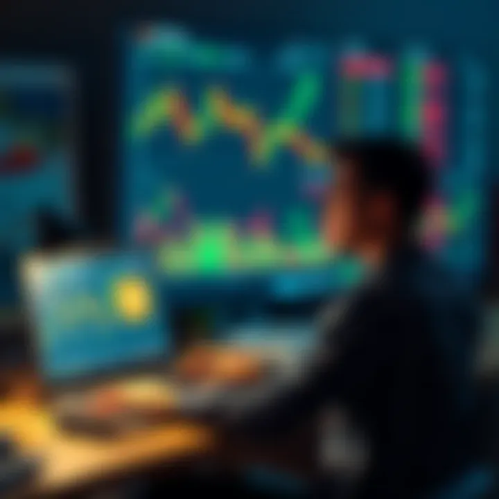 A person sits at a desk, puzzled while staring at Bitcoin price charts on a laptop screen, illustrating the impact of financial illiteracy in crypto investments.