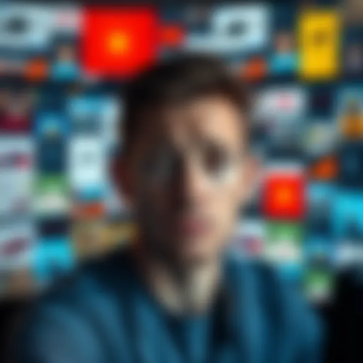 A person with a puzzled expression staring at a computer screen filled with random content, illustrating frustration with irrelevant information.