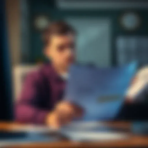 A person sitting at a desk, looking puzzled while holding a financial document labeled 1099DA, surrounded by a computer and paperwork.