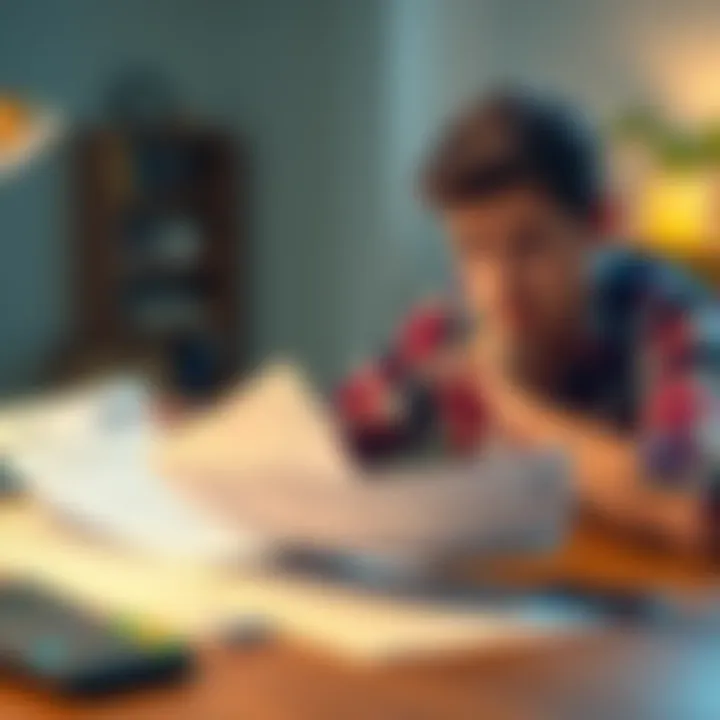 A person with a puzzled expression reviewing multiple loan rejection letters on a table, with a calculator and a credit card nearby