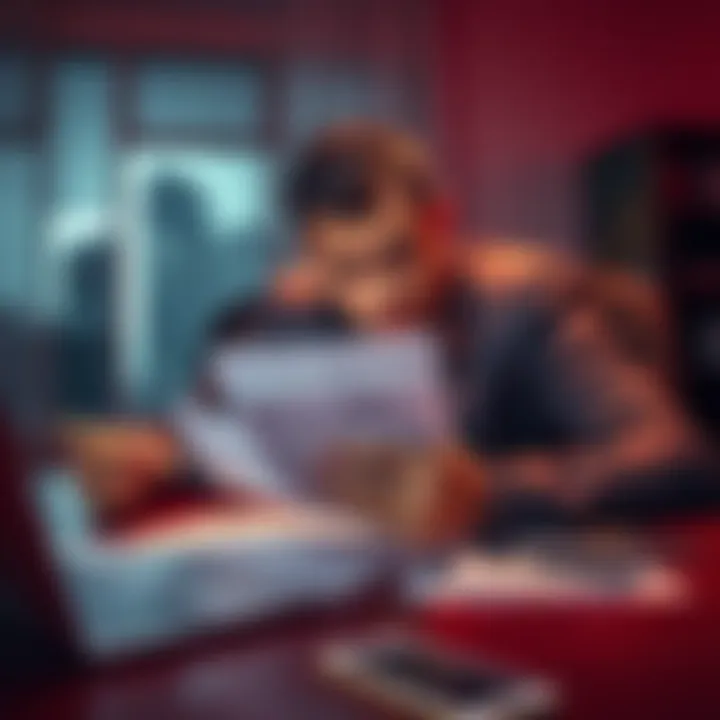 A person frowning while examining 1099-MISC and 1099-DA tax forms on a table