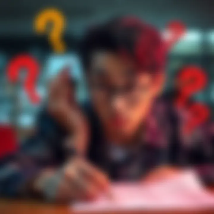 A person looking confused while filling out a survey with question marks around them.