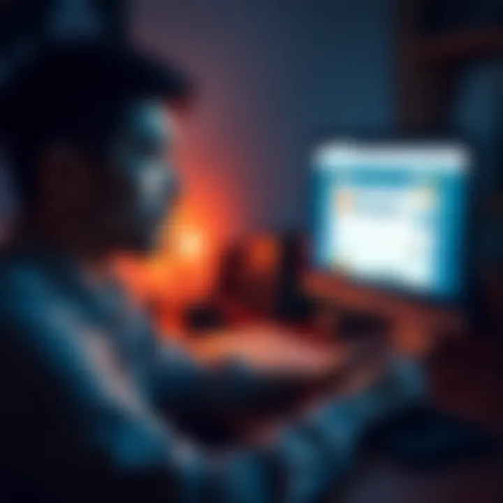 A person sitting at a desk, looking confused while reading a computer screen with a Bitcoin forum page displayed, indicating a ban notice.