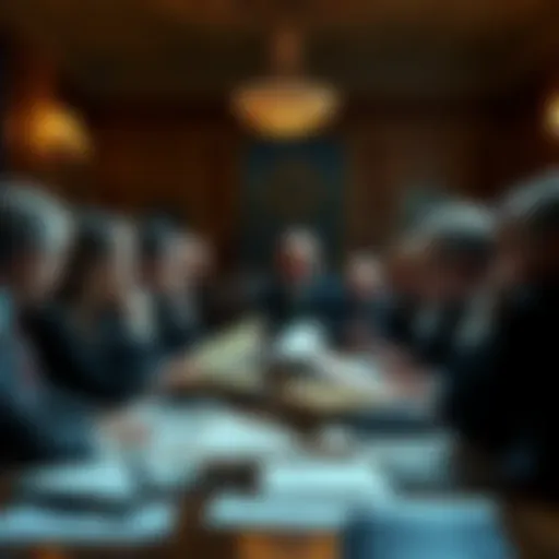 A group of congressional members engaged in a serious discussion, with papers and documents spread on a table, reflecting tensions around terrorism-related topics.