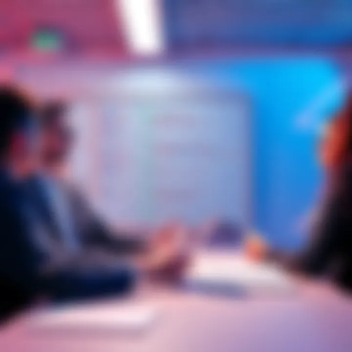 A group of developers discussing ways to improve consistency in contract method calls, with code snippets and diagrams on a whiteboard.