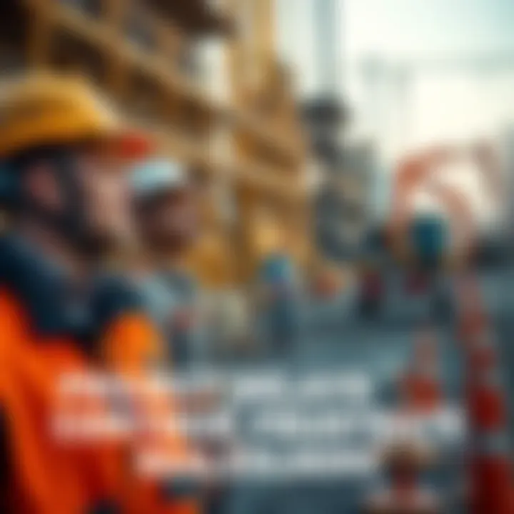 Construction workers looking concerned at a halted project site with equipment and barriers