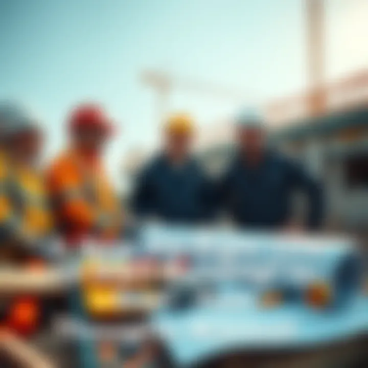 Workers discussing plans at a construction site with tools and blueprints