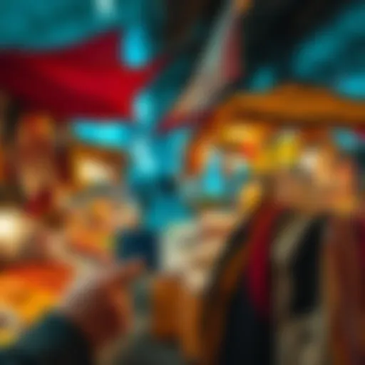 A person using a contactless payment card at a market in an oppressive regime, showcasing modern finance under challenging conditions.