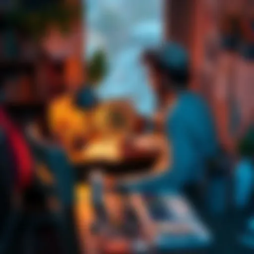 A person sitting at a desk with art supplies, focused on creating digital art, surrounded by a calm and relaxing atmosphere, symbolizing a break from Bitcoin discussions.