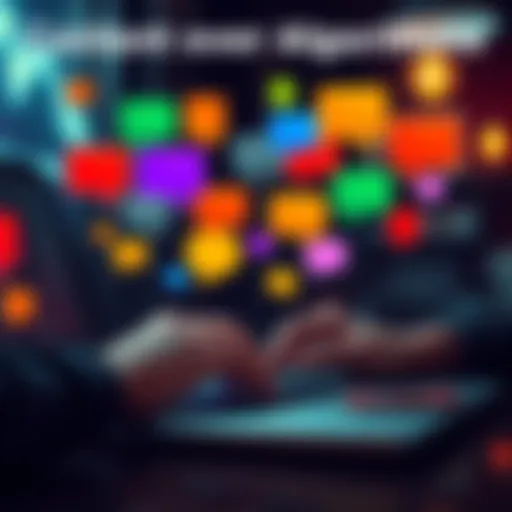 A person typing on a laptop, surrounded by colorful speech bubbles representing genuine conversations and interactions, symbolizing authentic content creation.