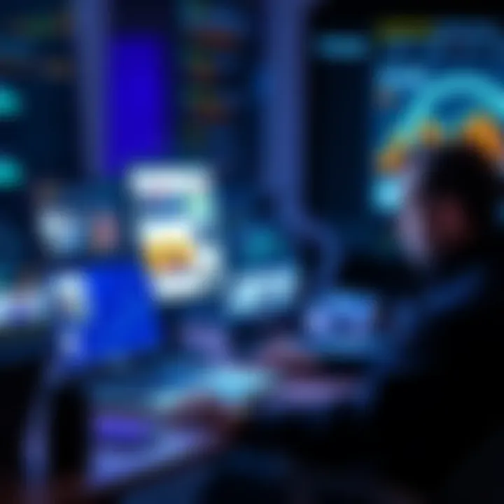 A person sitting at a desk, looking at a laptop screen displaying various online posts and metrics, reflecting changes in content standards.