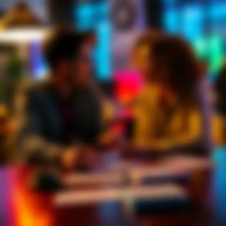 A close-up of two people engaged in a conversation, with notes and reminders on a table.