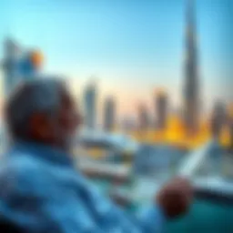 A retiree reviews financial documents while contemplating converting cryptocurrency to fiat currency in Dubai's skyline.