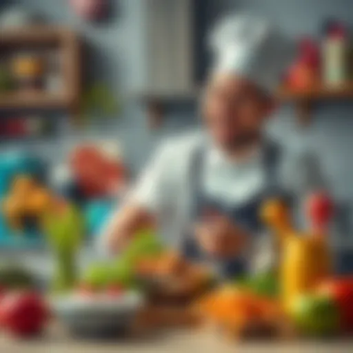A chef laughing while cooking with meme-themed ingredients and colorful kitchen gadgets.