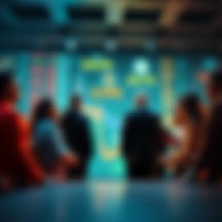 Group of individuals discussing phrases like 'buying the dip' and 'just chill' during a market downturn