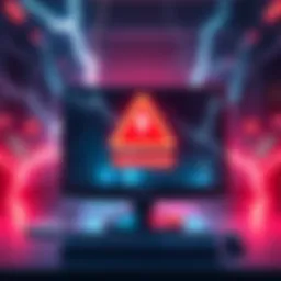 Illustration of a computer screen displaying a warning sign about a vulnerability in Core Lightning nodes with a shutdown message