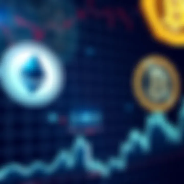 A graph showing significant drops in cryptocurrency values, with logos of Ethereum and Bitcoin in the background, symbolizing corporate investments.