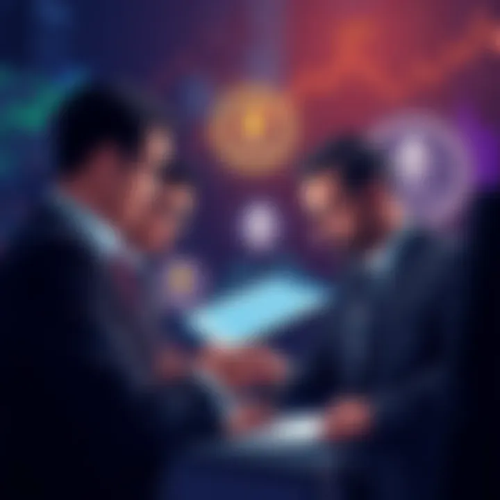 Illustration showing corporate finance executives analyzing Ethereum logos and charts, representing a shift from Bitcoin to Ethereum in investment strategies.