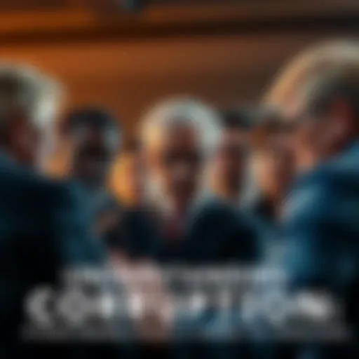 A group of concerned citizens discussing political corruption with serious expressions.