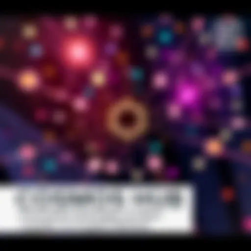 A visual representation of the Cosmos Hub showcasing blockchain networks connecting through a central hub with digital tokens being created.