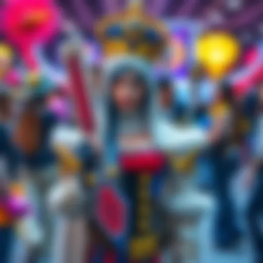 A person wearing a detailed costume representing a popular character, surrounded by colorful props and other fans showcasing their own costumes.