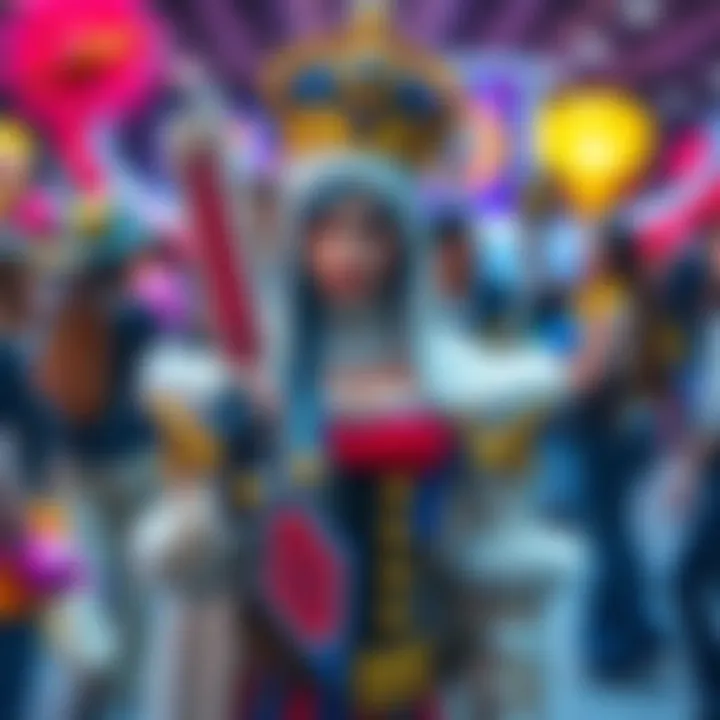A person wearing a detailed costume representing a popular character, surrounded by colorful props and other fans showcasing their own costumes.