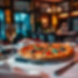 A luxurious pizza topped with rare ingredients, presented on a fine dining table with an elegant setting.