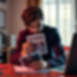 A person looking at a printed photo while sitting at a desk, contemplating its use for counselling