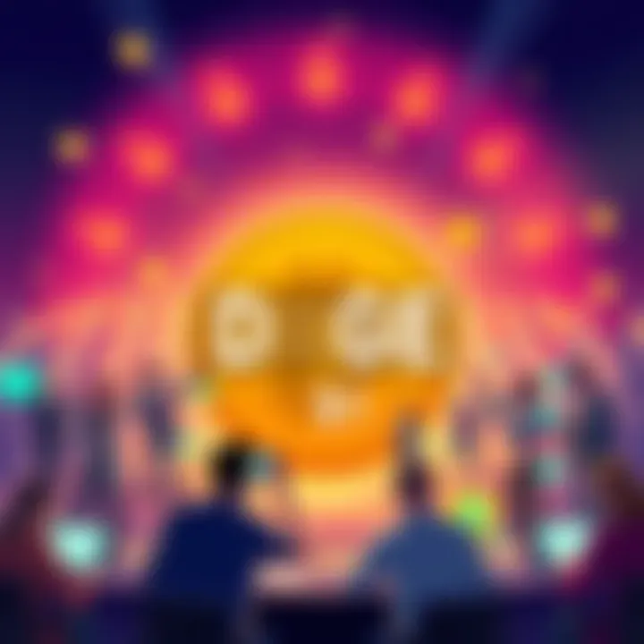 Countdown to DOGE Reaches $1 A digital illustration showing a countdown clock with the DOGE coin symbol, surrounded by excited investors discussing strategies and predictions.