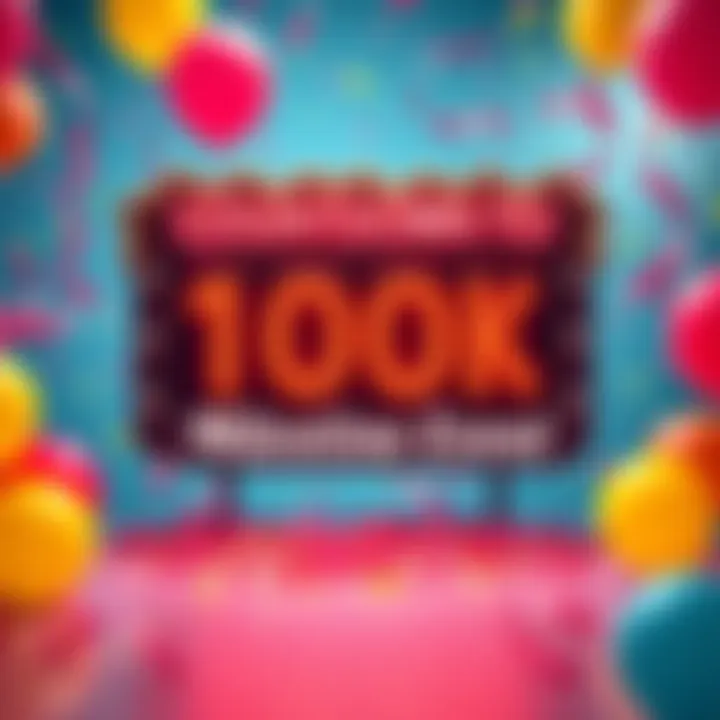 A vibrant graphic showing a countdown timer with festive decorations for the upcoming 100K milestone event, featuring balloons and confetti.