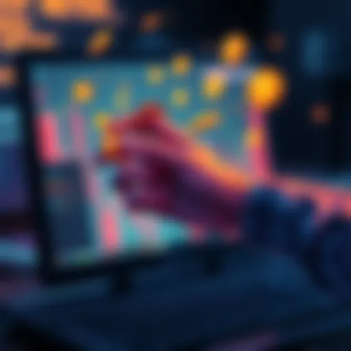 Counterfeit Cryptocurrency Concept A digital illustration showing a hand creating fake cryptocurrency coins on a computer screen, symbolizing digital counterfeiting.