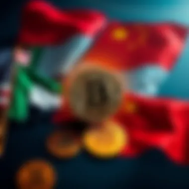 Countries Competing for Bitcoin Flags of major countries like the US, UAE, and China with Bitcoin symbols, representing a race for Bitcoin reserves.