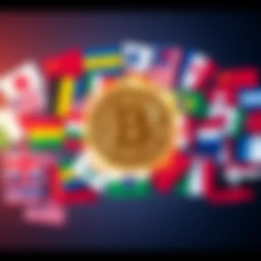 A collage of flags from various countries with a Bitcoin symbol in the center, representing global investment in cryptocurrency.